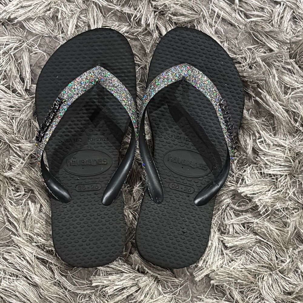 Havaianas Black Flip Flops with Glitter Straps Sz 25/26 (10c)